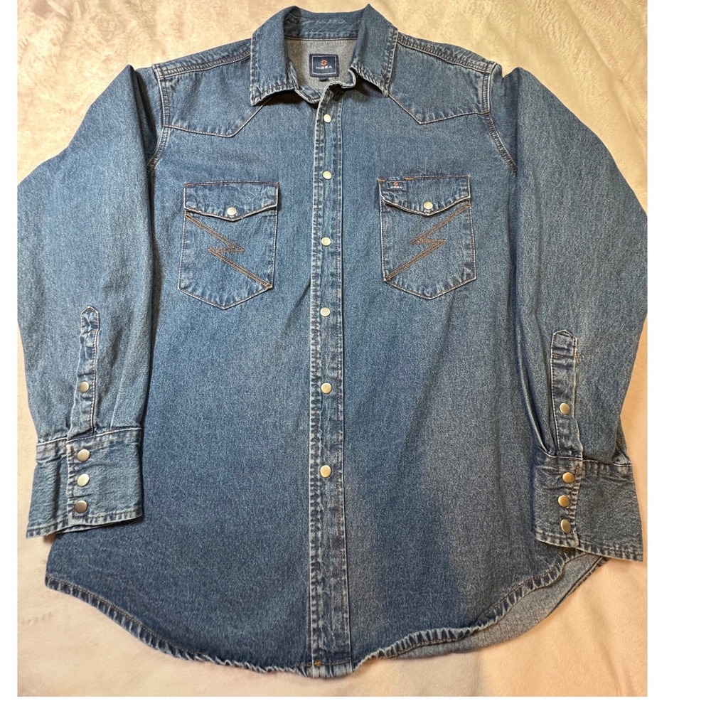 Hisea Jeans Mens Denim Western silver Snap  Blue Cotton L Long Sleeve Cowboy
